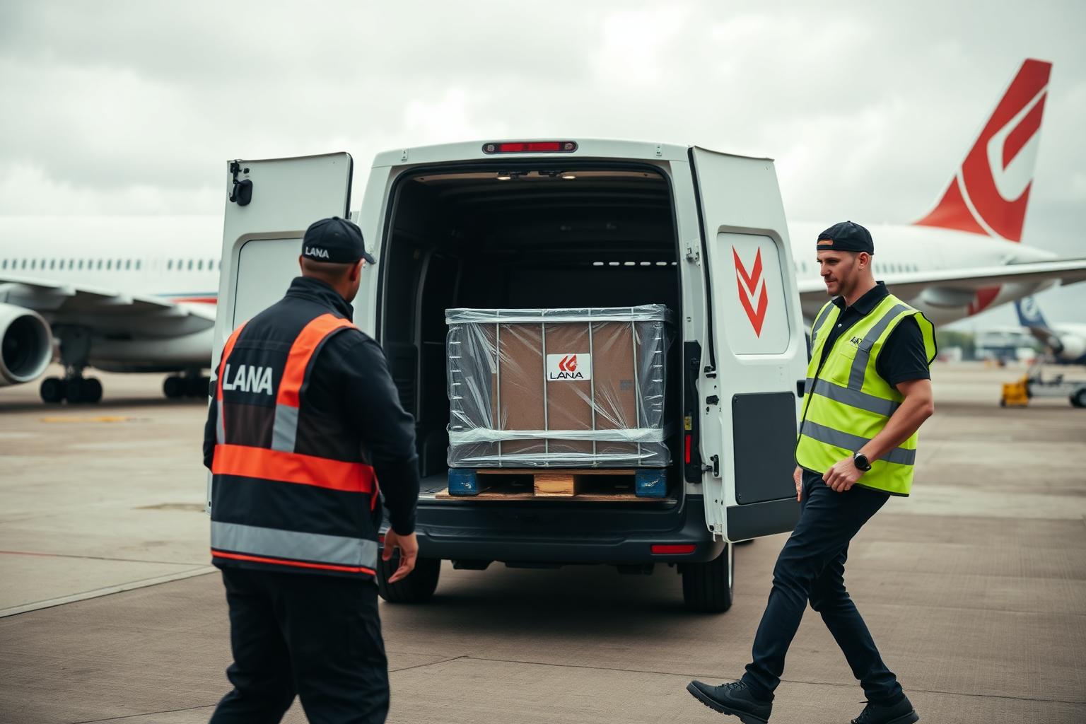 Black and white LANA couriers loading an air freight pallet into a white LANA van on the Heathrow tarmac