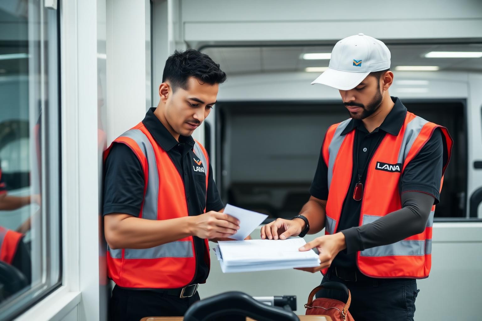 Black and white LANA couriers checking an air waybill at an airline cargo handler counter