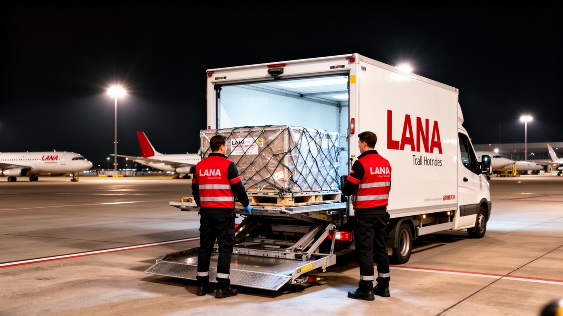 Black and white LANA couriers operating a tail-lift on a Luton van loaded with airline freight at night