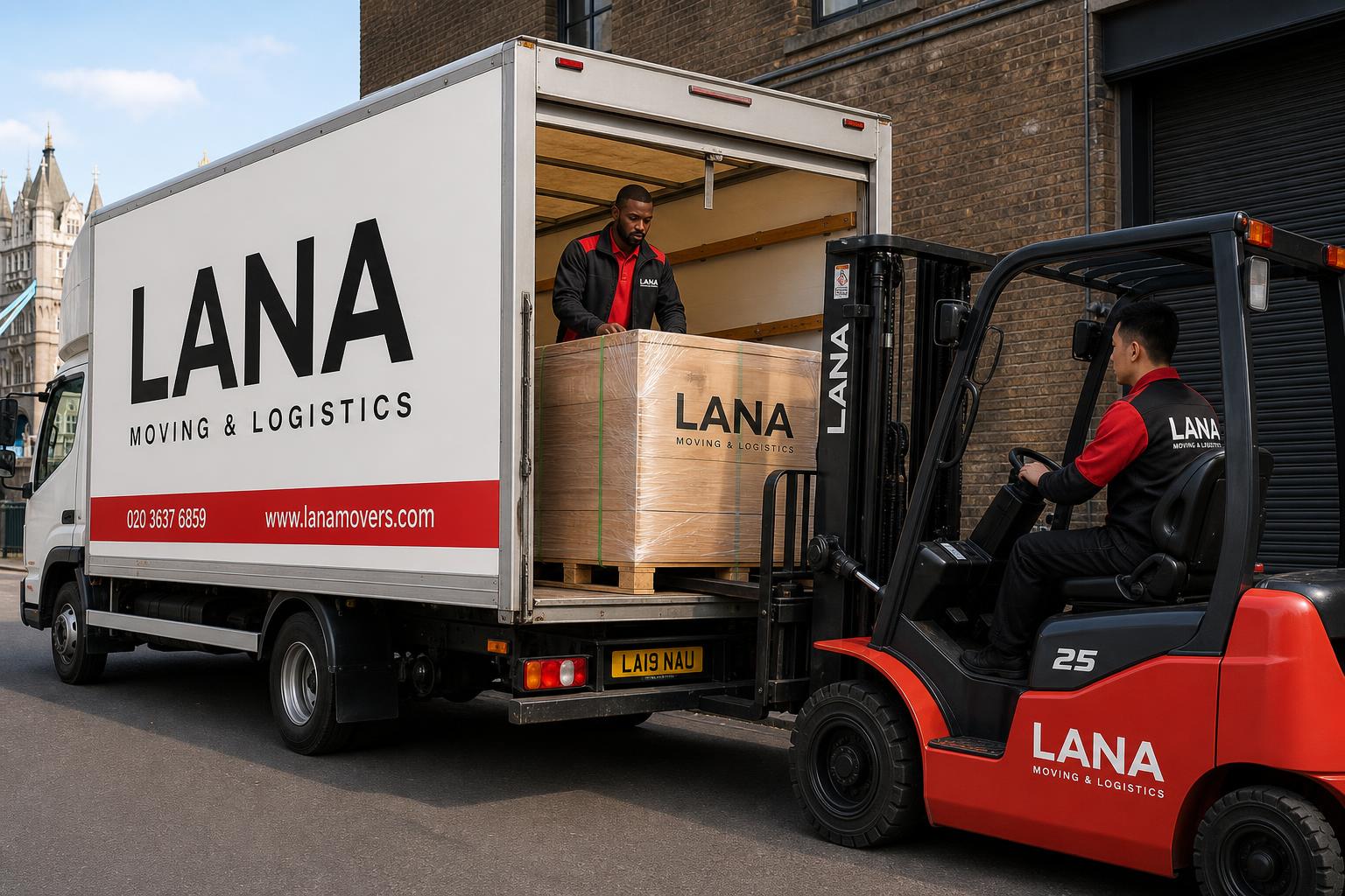 Black and white LANA commercial movers wheeling crates through a modern glass office at night
