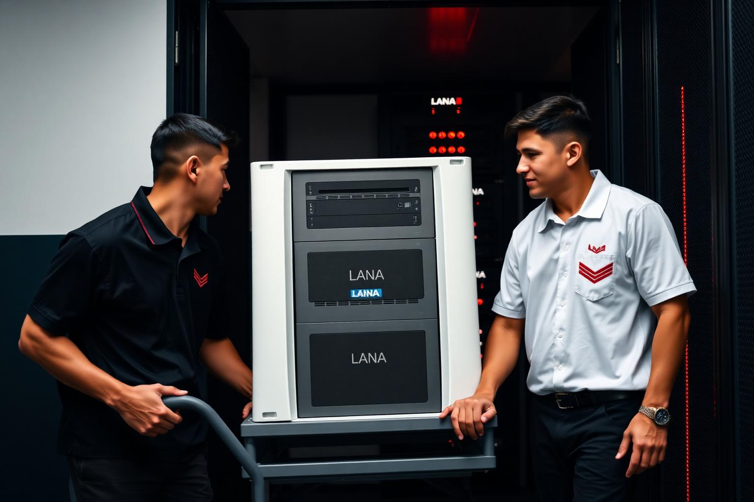 Black and white LANA movers transporting a server rack out of an office data closet