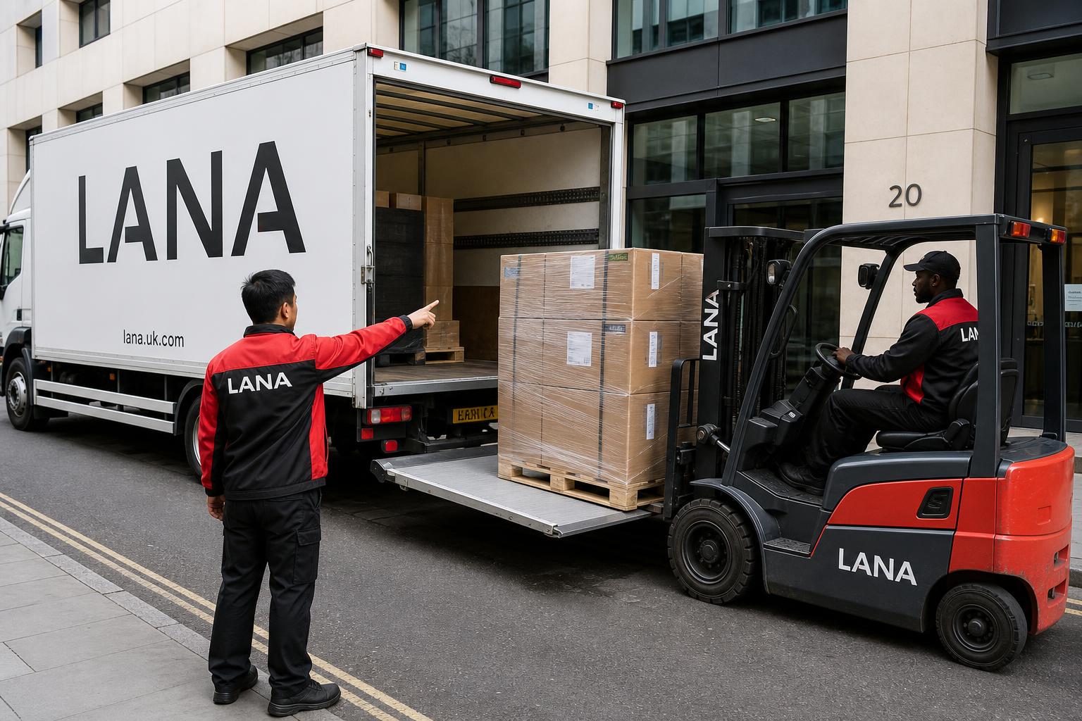 Black and white LANA movers loading office monitors and chairs into a Luton van at night