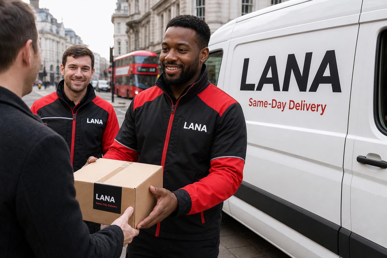 Two LANA couriers — one Black, one white — sprinting from a white LANA van on a London street