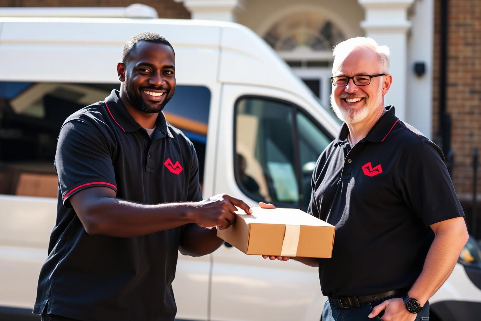 Black and white LANA couriers handing a signed-for parcel to a smiling customer