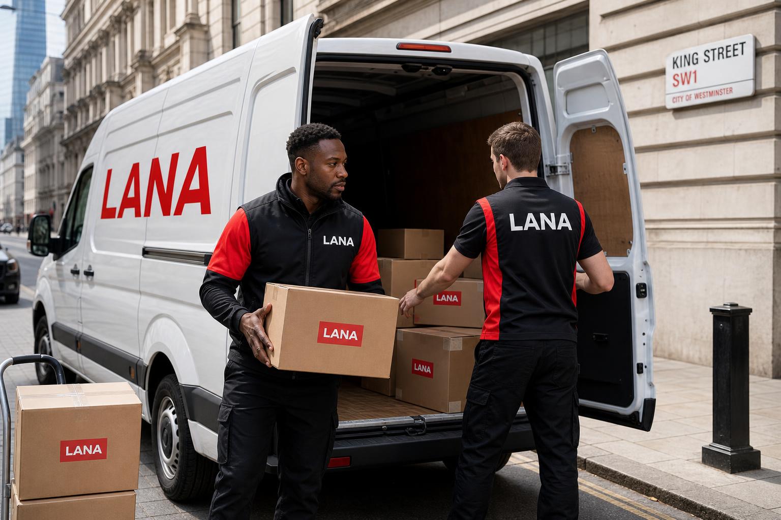 Black and white LANA couriers scanning a parcel beside a white LANA van