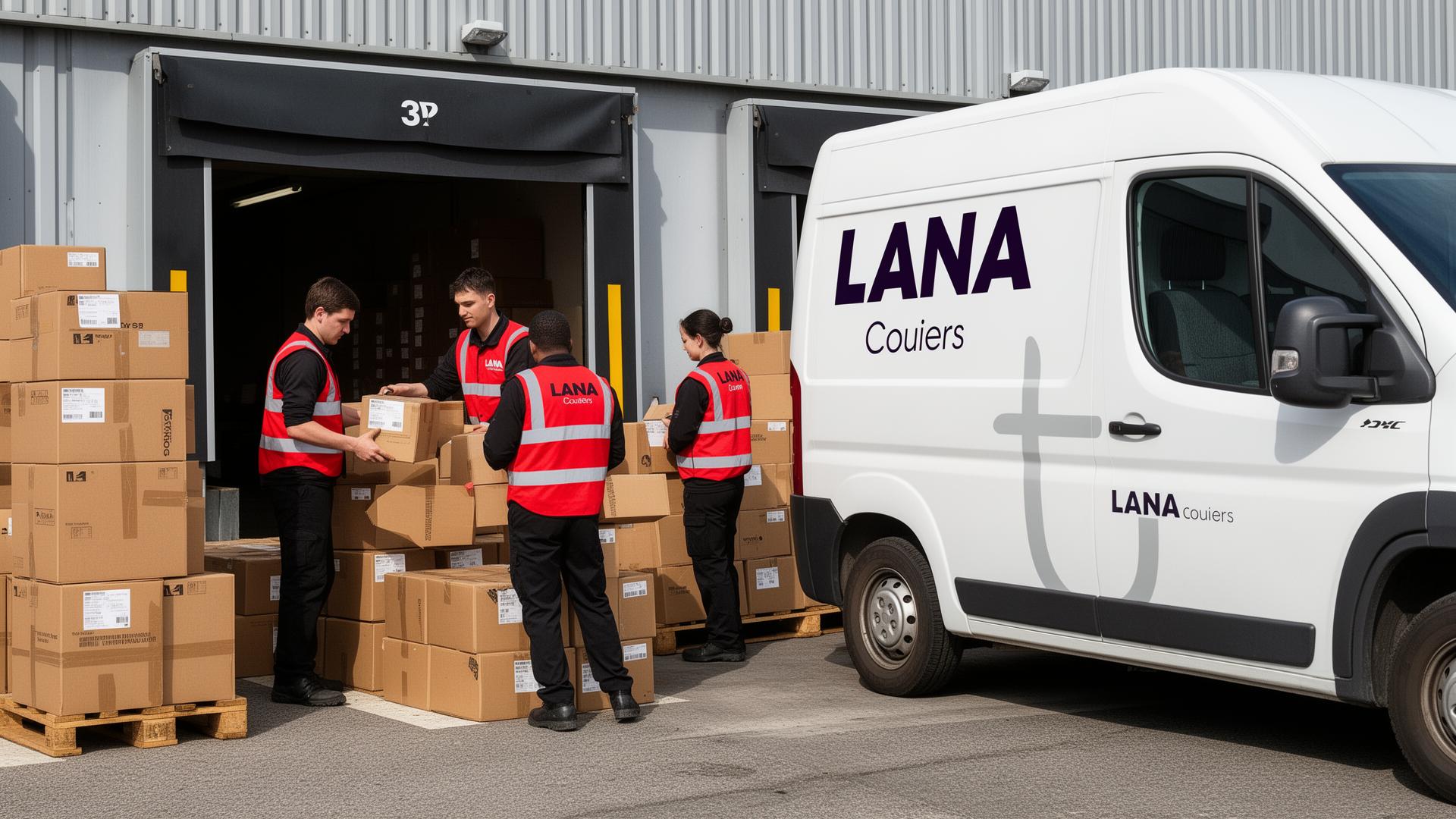 Black and white LANA couriers collecting boxes at a third-party warehouse loading bay