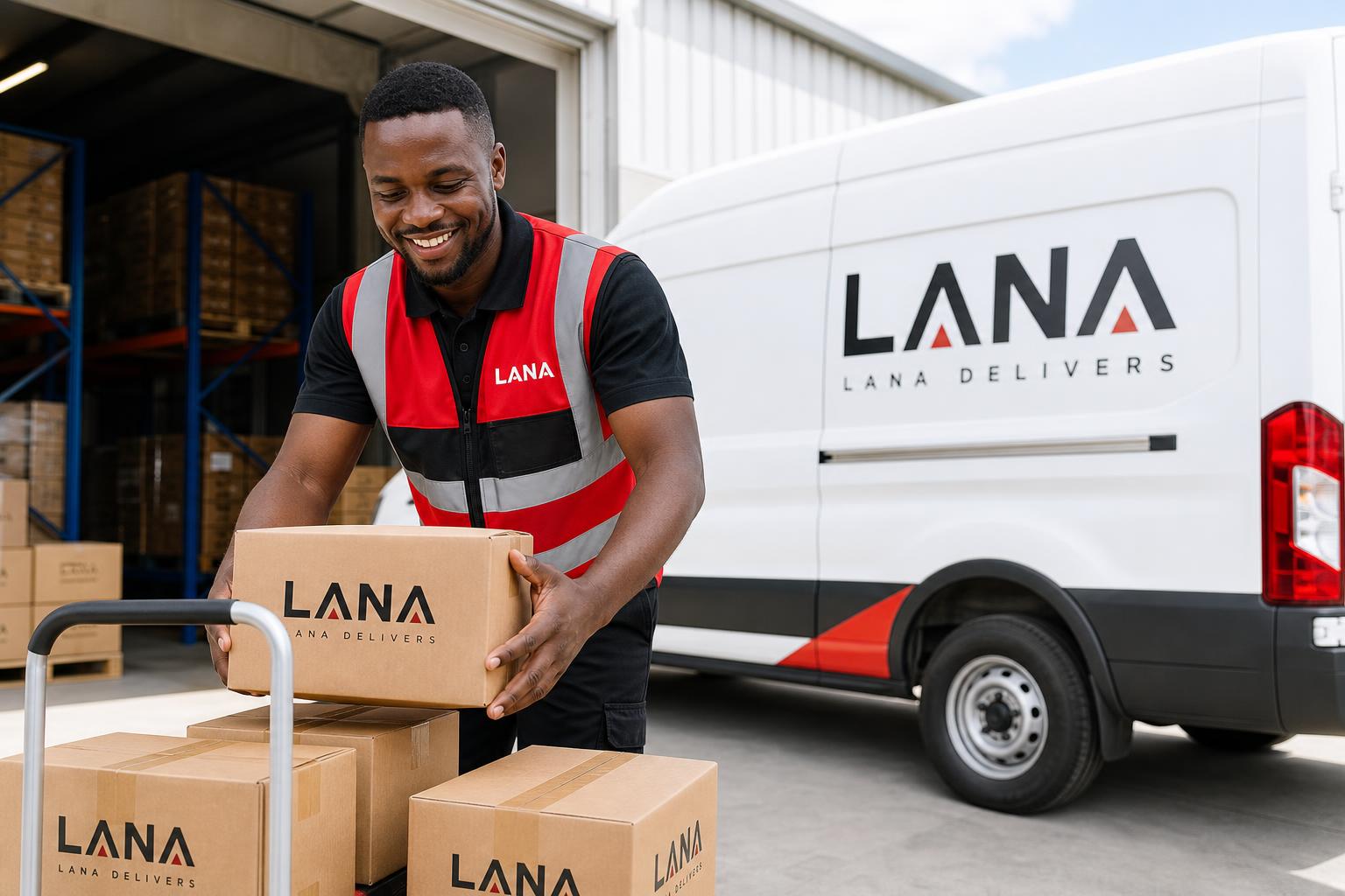 A Black male LANA courier in a branded red-and-black hi-vis vest with clearly legible LANA logo, loading boxes from a supplier warehouse with a white LANA van at the loading bay