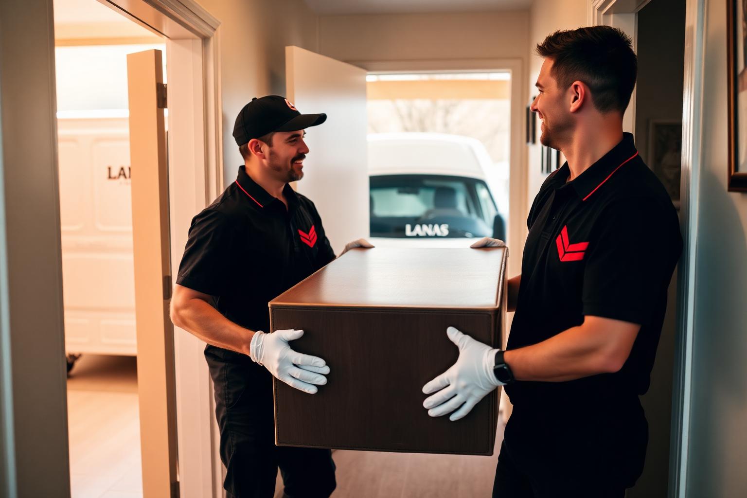 Black and white LANA couriers white-gloving furniture into a customer's hallway