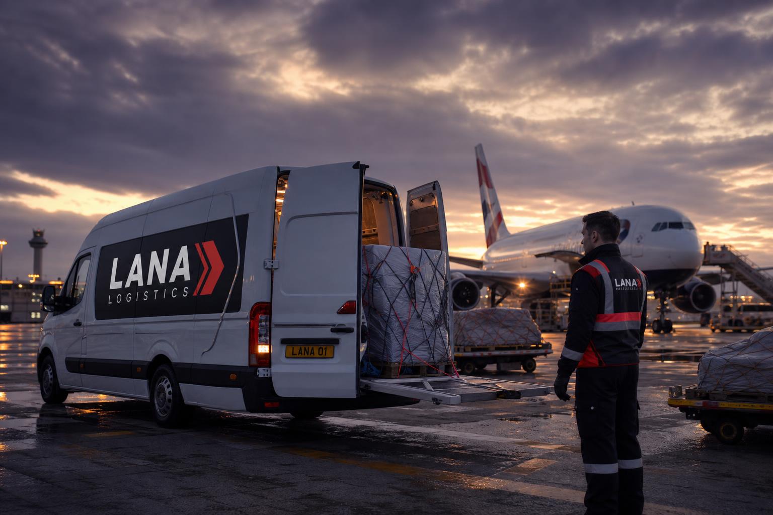 White LANA van being loaded with air freight cargo on an airport tarmac at Heathrow