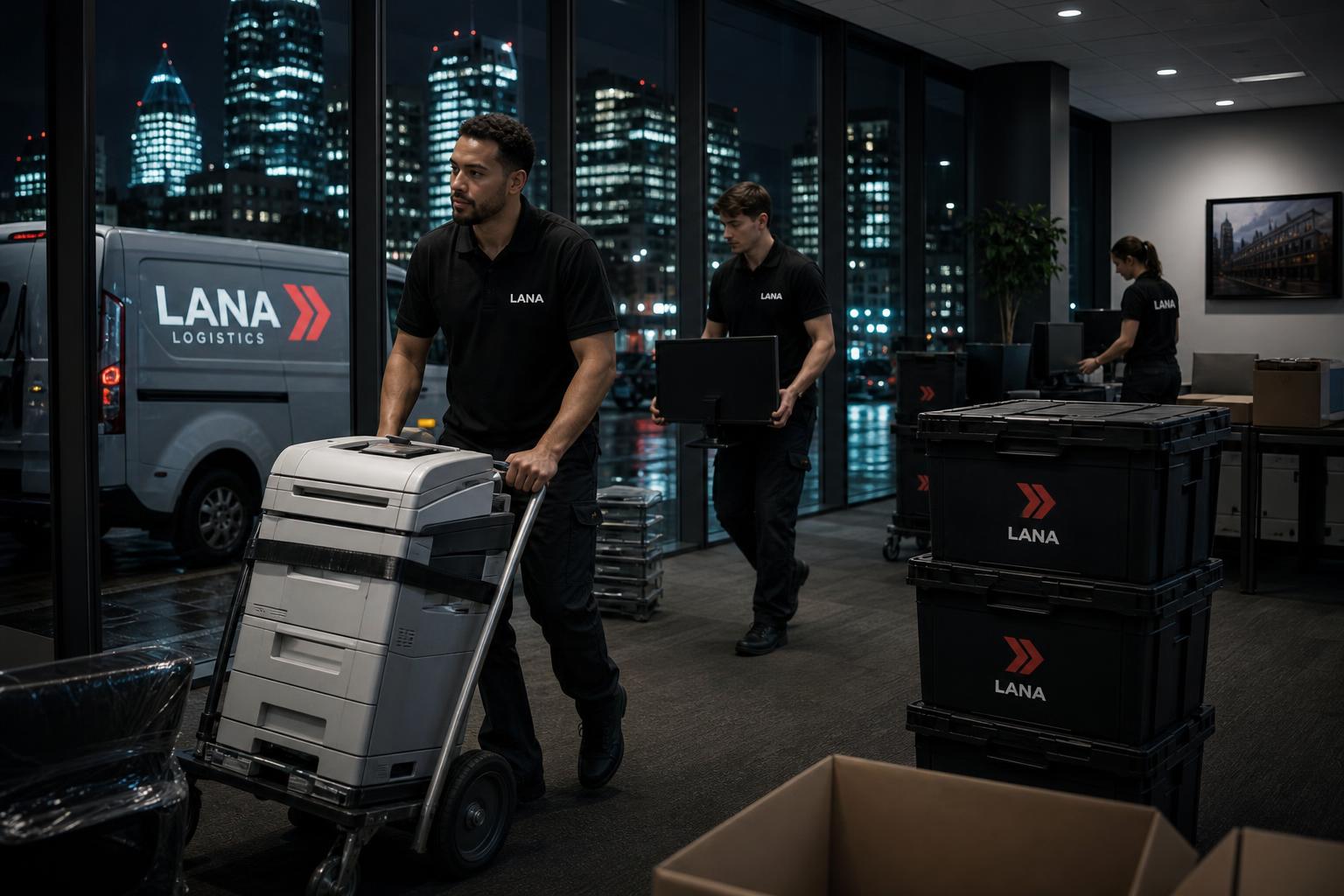 LANA commercial moving team relocating office equipment in a modern glass building at night
