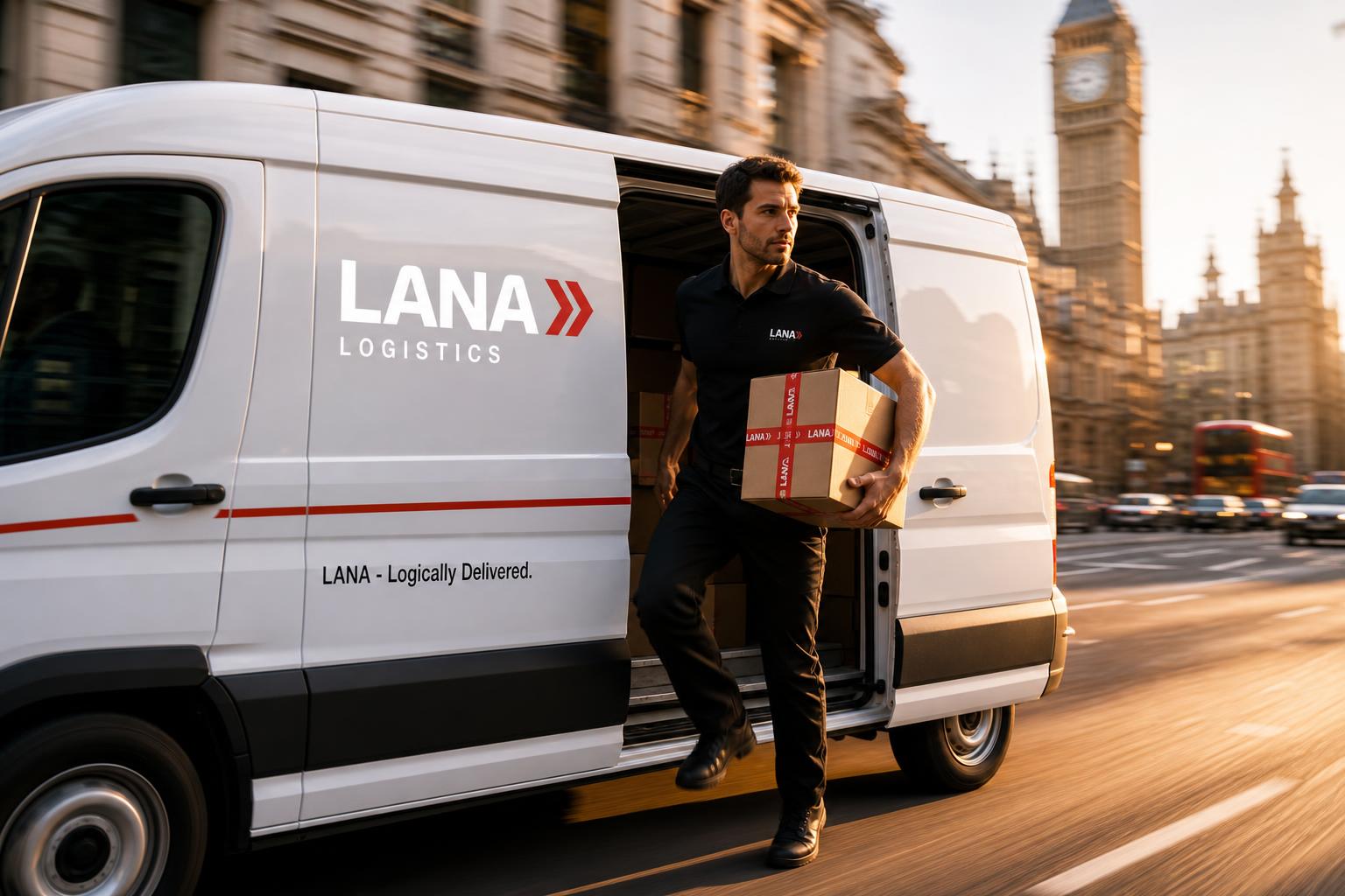 LANA same-day courier sprinting from a white branded van on a London street at golden hour