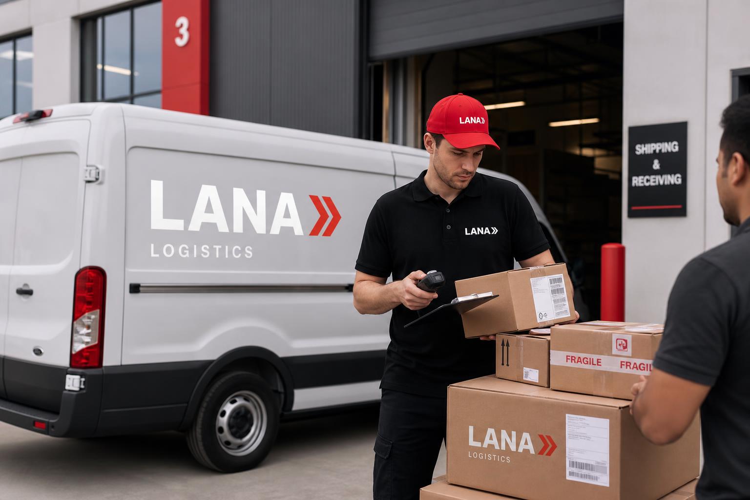LANA couriers collecting supplier parcels from a third-party warehouse loading bay